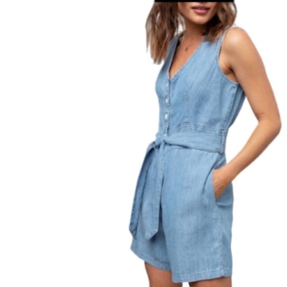 RAILS Scarlett Chambray Romper Linen Lyocell Size M (MISSING BELT) - Picture 3 of 10